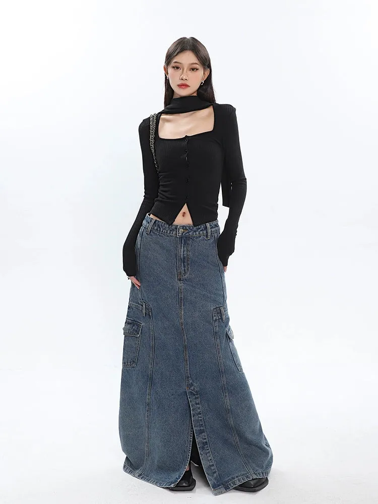 Ribbed Cropped Cardigan with Scarf Detail