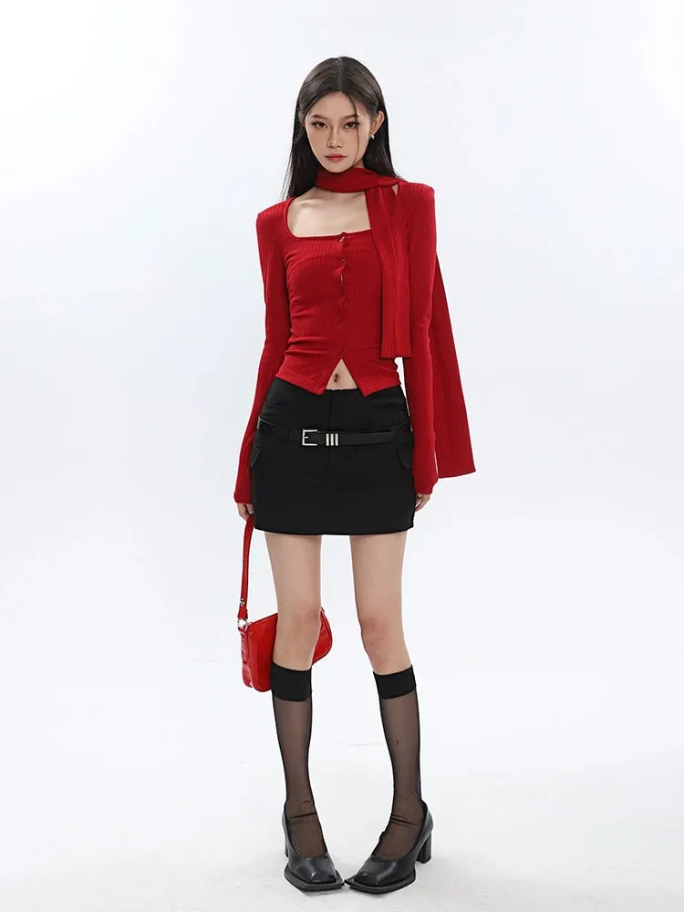 Ribbed Cropped Cardigan with Scarf Detail