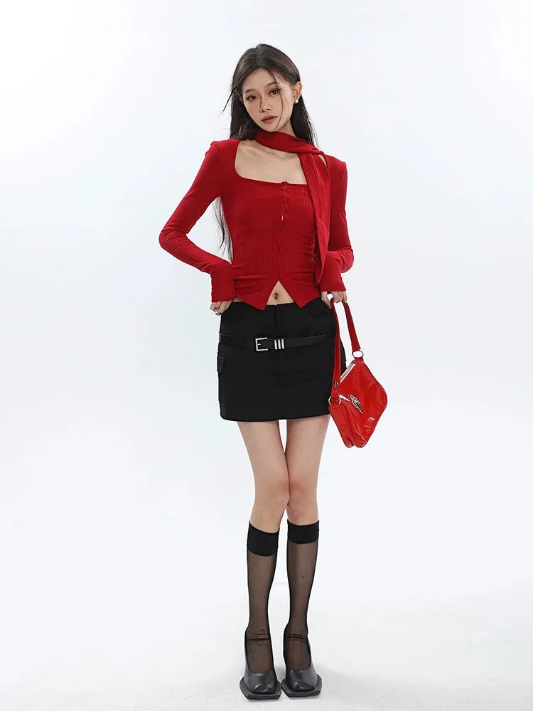 Ribbed Cropped Cardigan with Scarf Detail