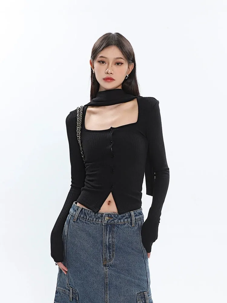 Ribbed Cropped Cardigan with Scarf Detail