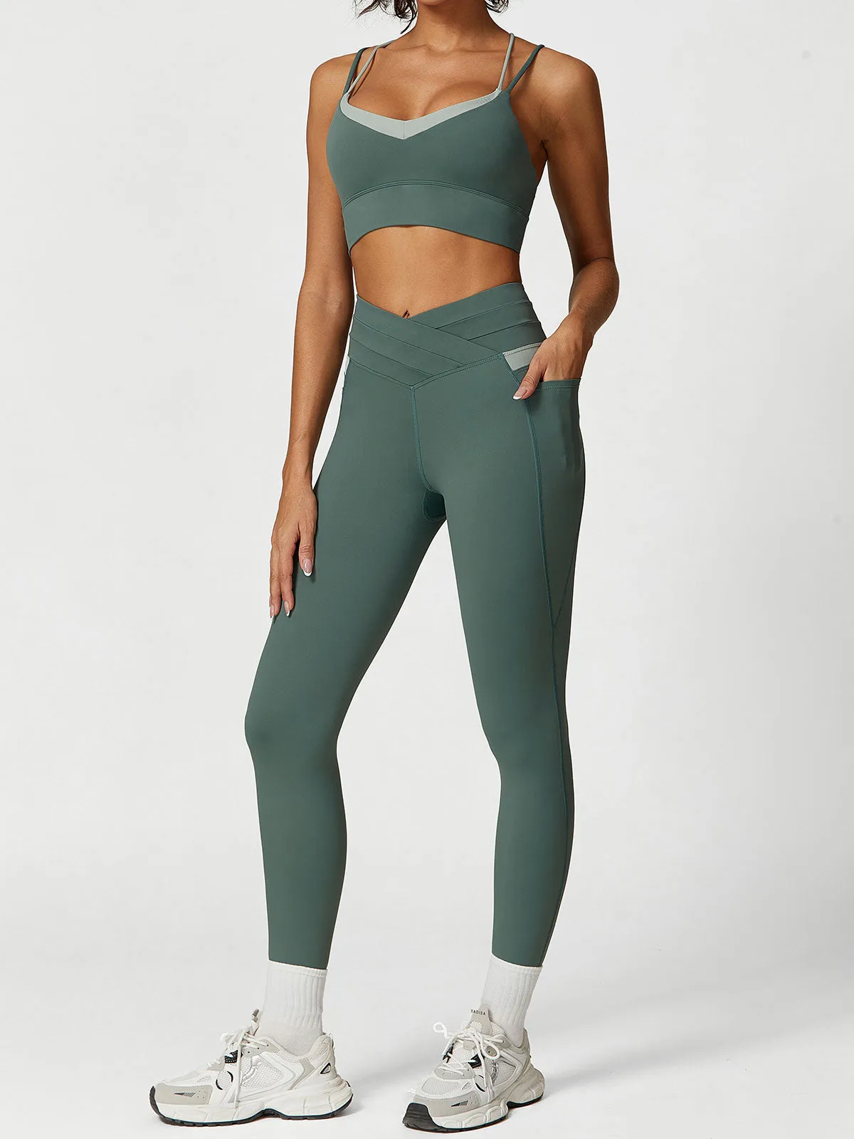 Sage Green High Waisted Pockets Leggings 26”
