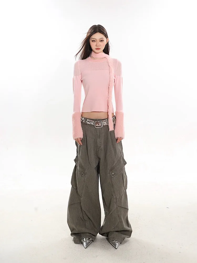 Sheer Panel Fluffy Trim Knit Sweater with Scarf