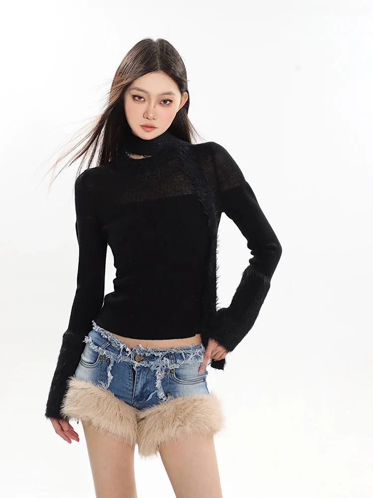 Sheer Panel Fluffy Trim Knit Sweater with Scarf