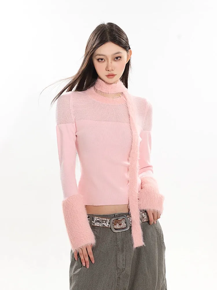 Sheer Panel Fluffy Trim Knit Sweater with Scarf
