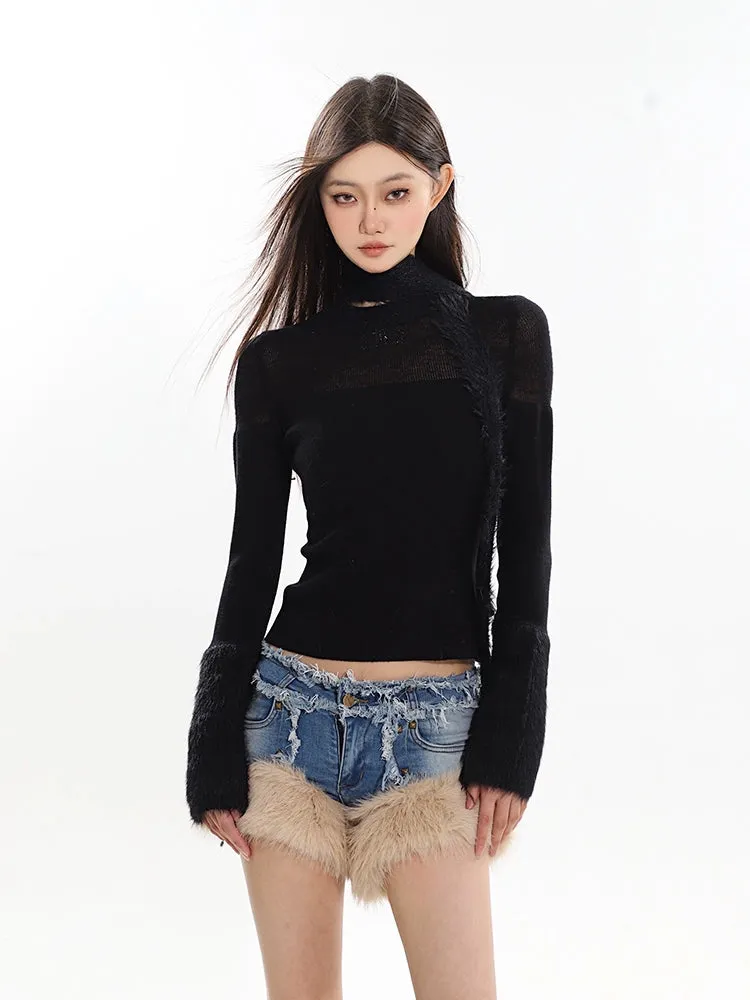Sheer Panel Fluffy Trim Knit Sweater with Scarf