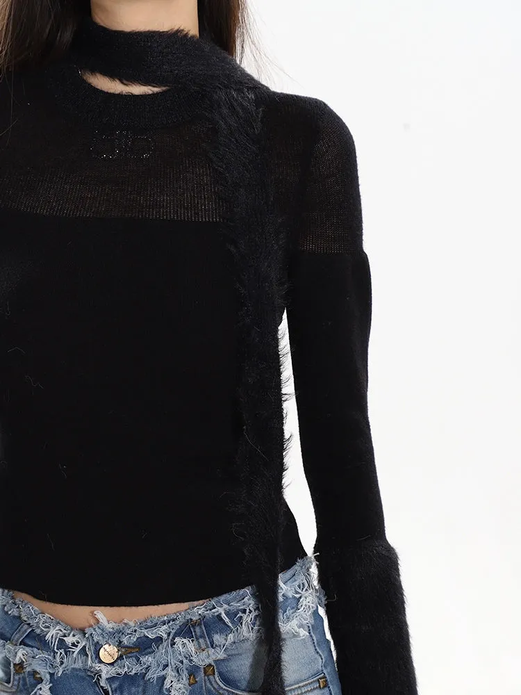 Sheer Panel Fluffy Trim Knit Sweater with Scarf