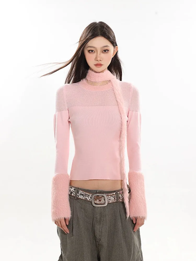 Sheer Panel Fluffy Trim Knit Sweater with Scarf
