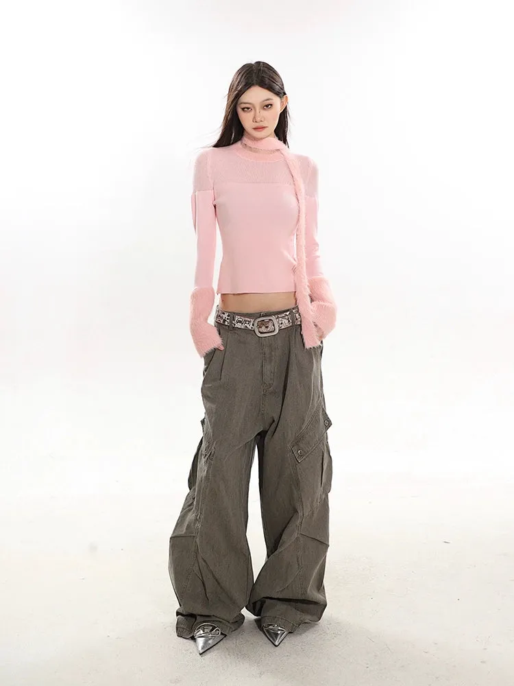 Sheer Panel Fluffy Trim Knit Sweater with Scarf