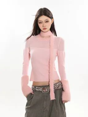 Sheer Panel Fluffy Trim Knit Sweater with Scarf