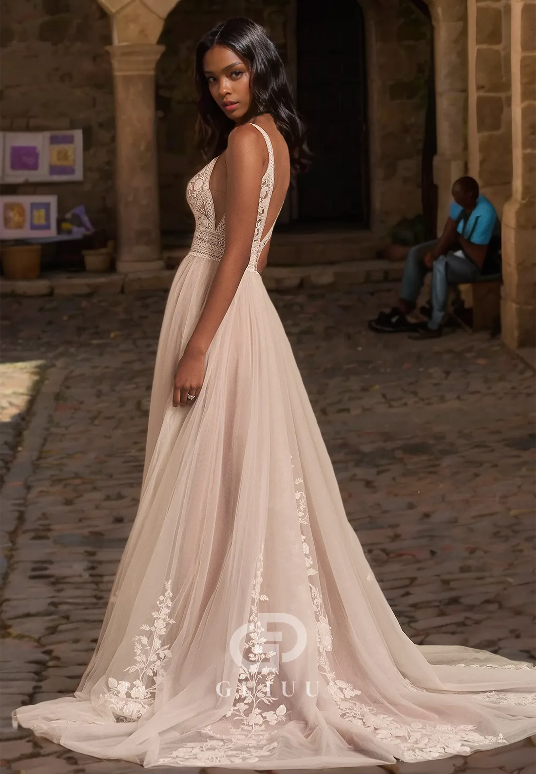 Strappy A-Line V-Neck Tulle Wedding Dress with Lace Appliques