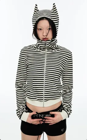Striped Hoodie with Ear Detail and Zip Front