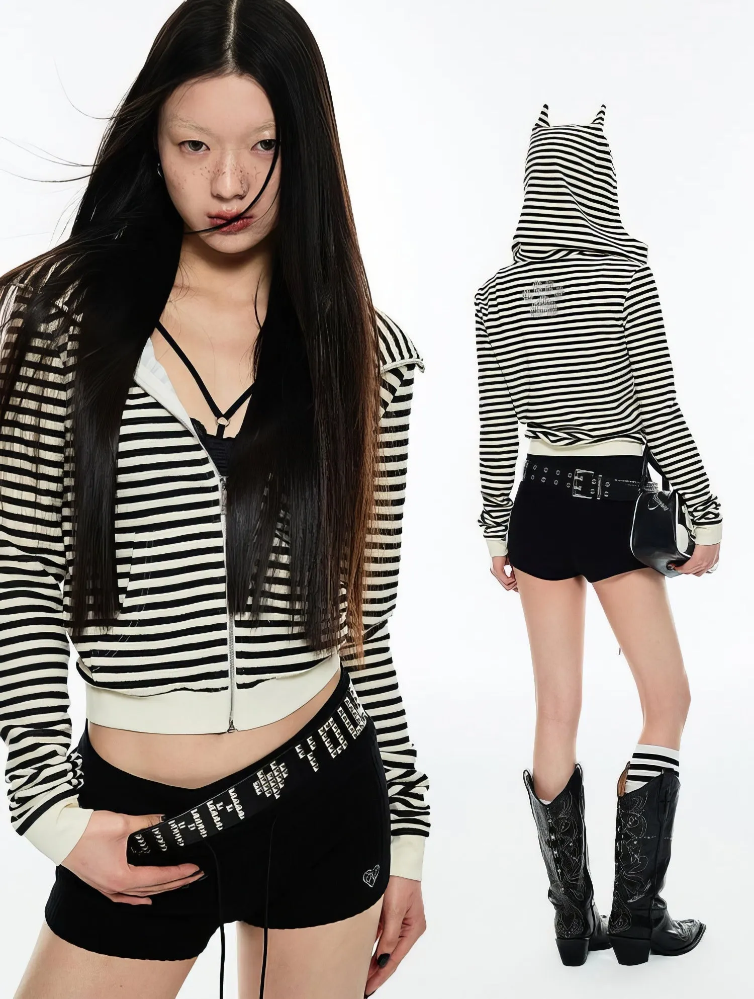 Striped Hoodie with Ear Detail and Zip Front