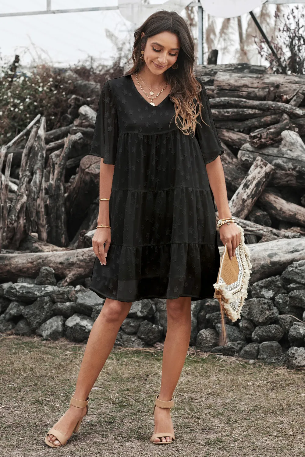 Swiss Dot Short Sleeve Tiered Ruffle Mini Dress