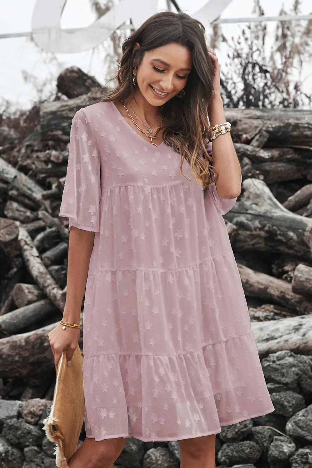 Swiss Dot Short Sleeve Tiered Ruffle Mini Dress