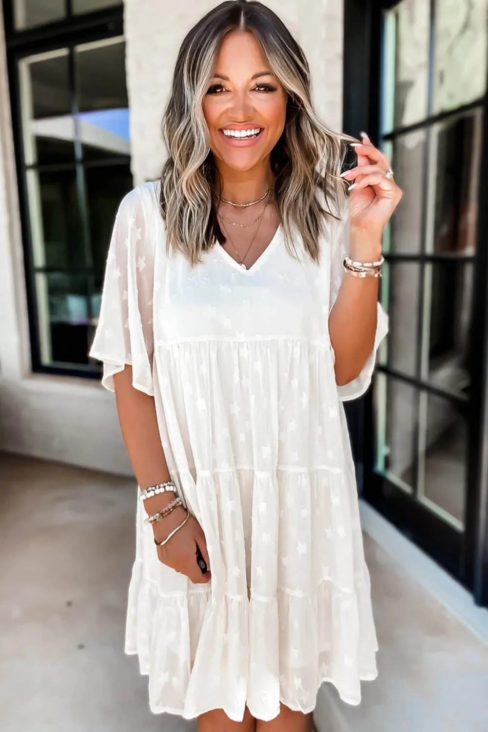 Swiss Dot Short Sleeve Tiered Ruffle Mini Dress