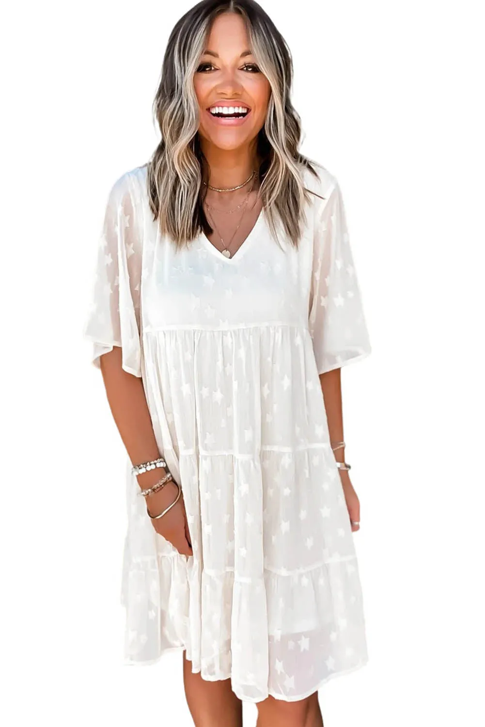 Swiss Dot Short Sleeve Tiered Ruffle Mini Dress