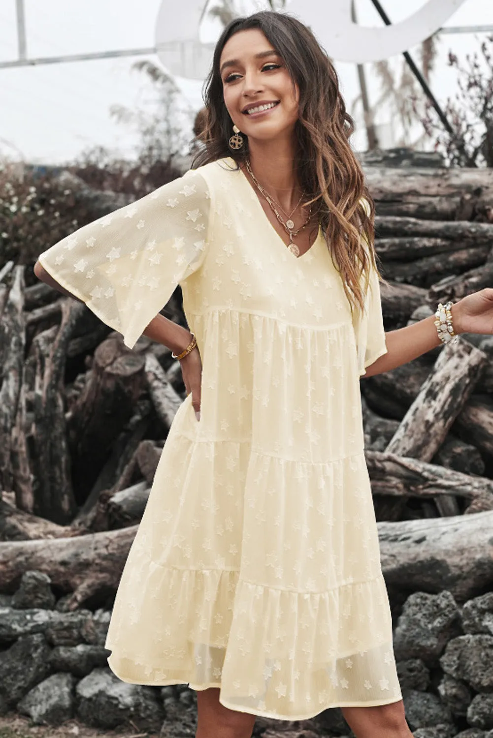 Swiss Dot Short Sleeve Tiered Ruffle Mini Dress