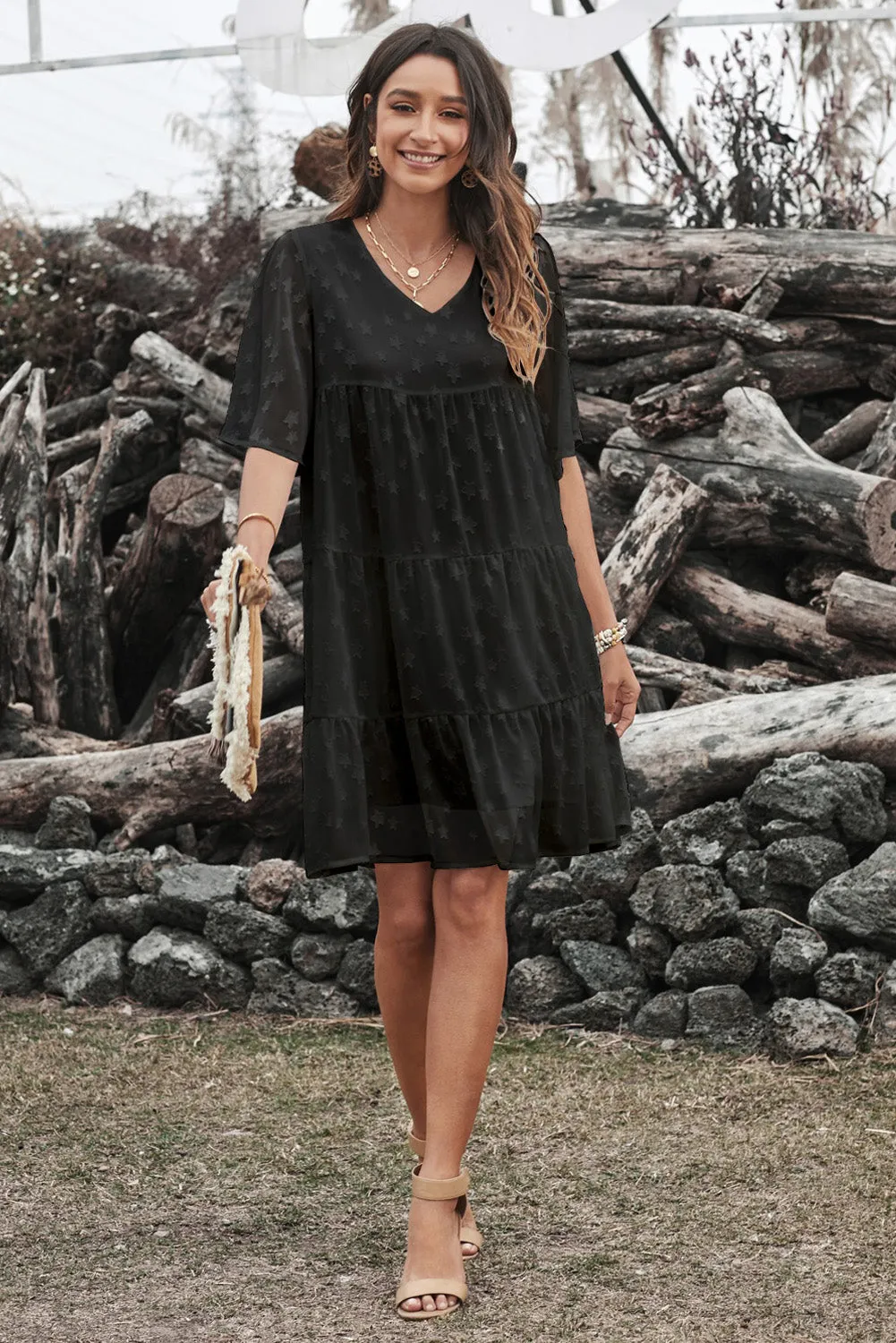 Swiss Dot Short Sleeve Tiered Ruffle Mini Dress