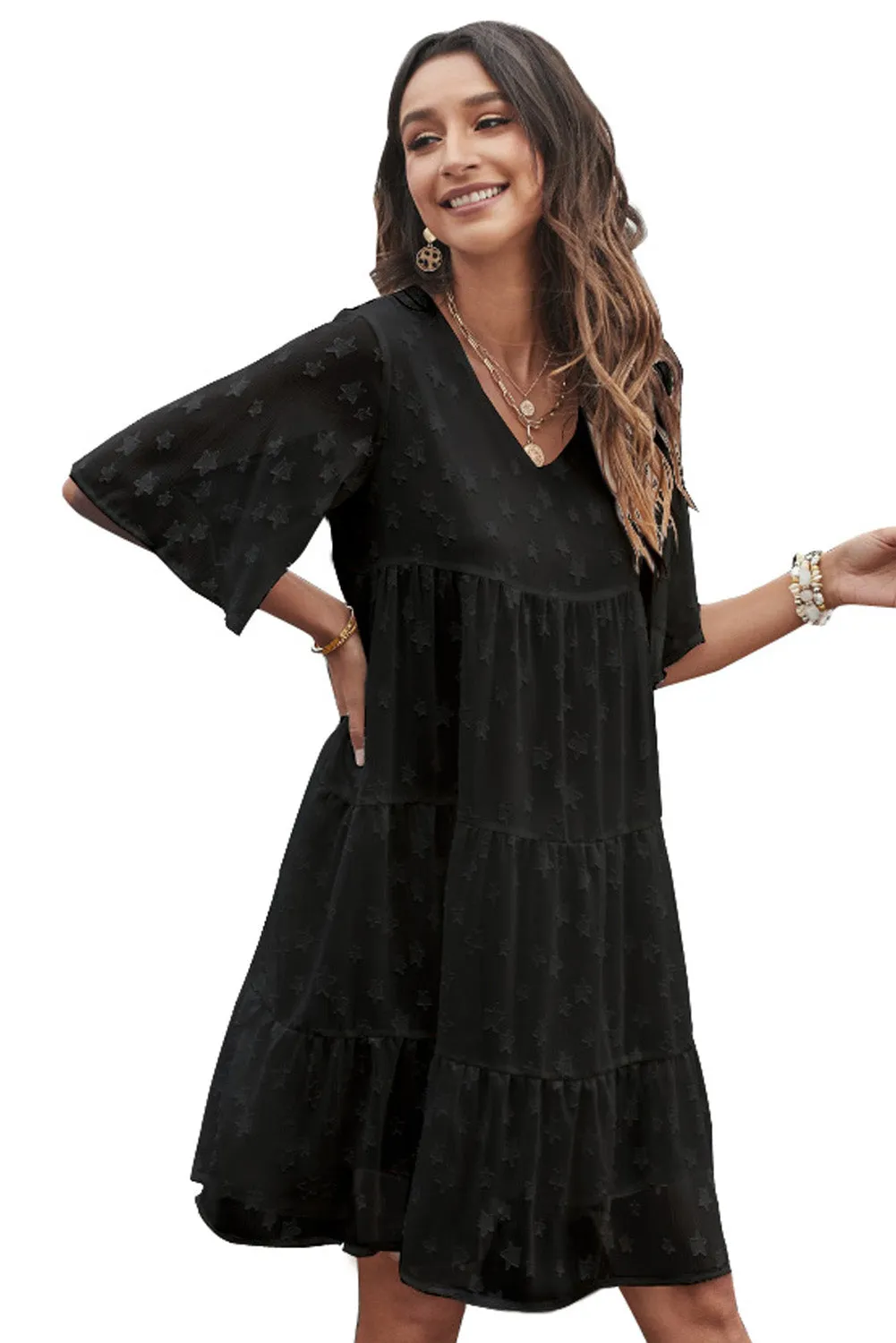 Swiss Dot Short Sleeve Tiered Ruffle Mini Dress
