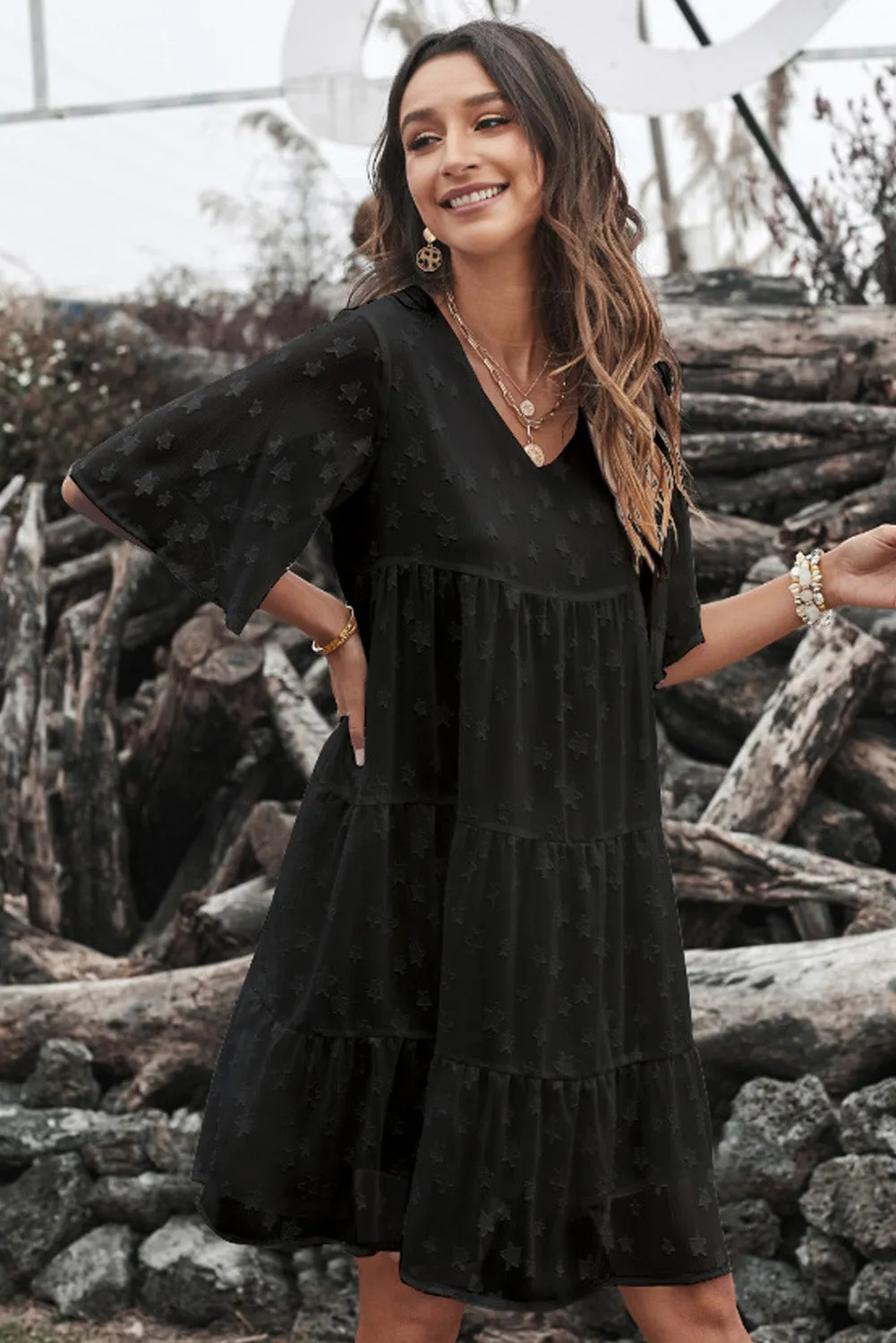 Swiss Dot Short Sleeve Tiered Ruffle Mini Dress