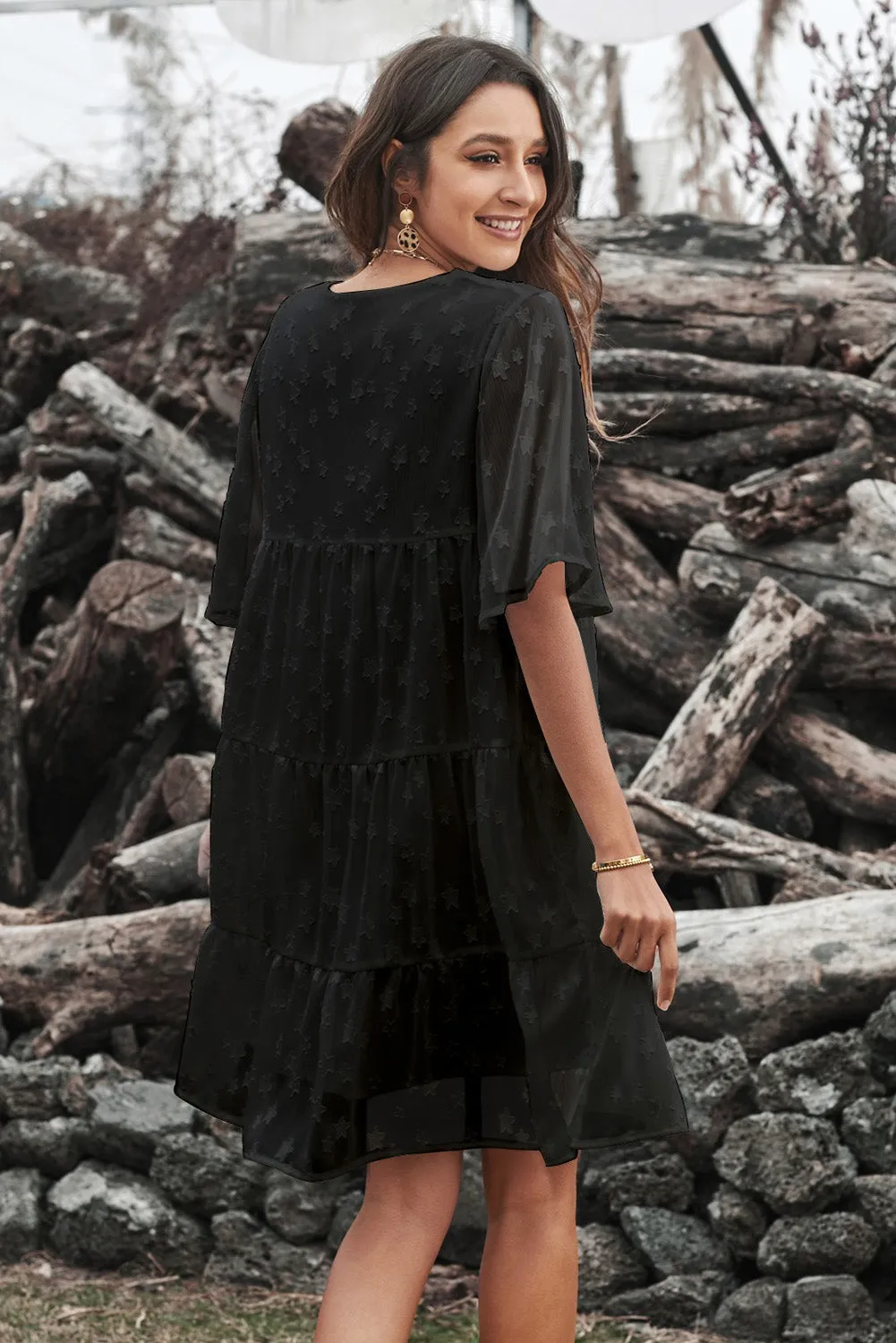 Swiss Dot Short Sleeve Tiered Ruffle Mini Dress