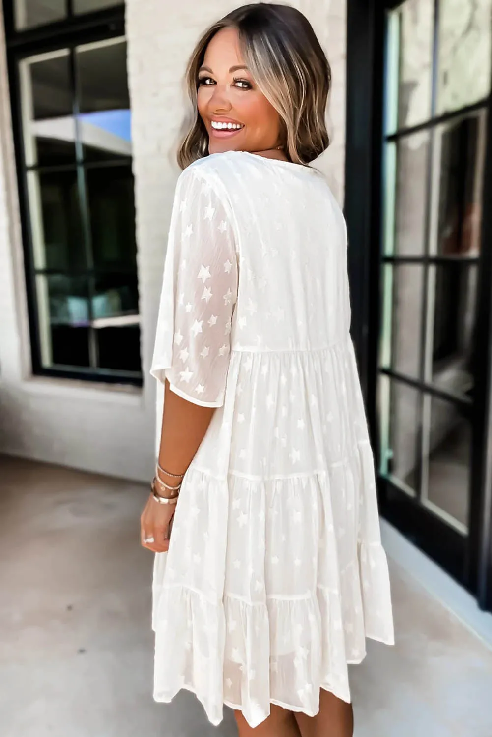 Swiss Dot Short Sleeve Tiered Ruffle Mini Dress
