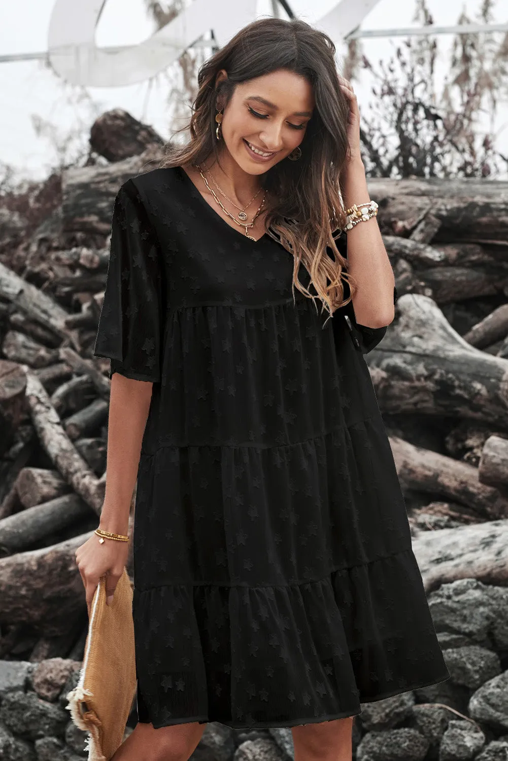 Swiss Dot Short Sleeve Tiered Ruffle Mini Dress