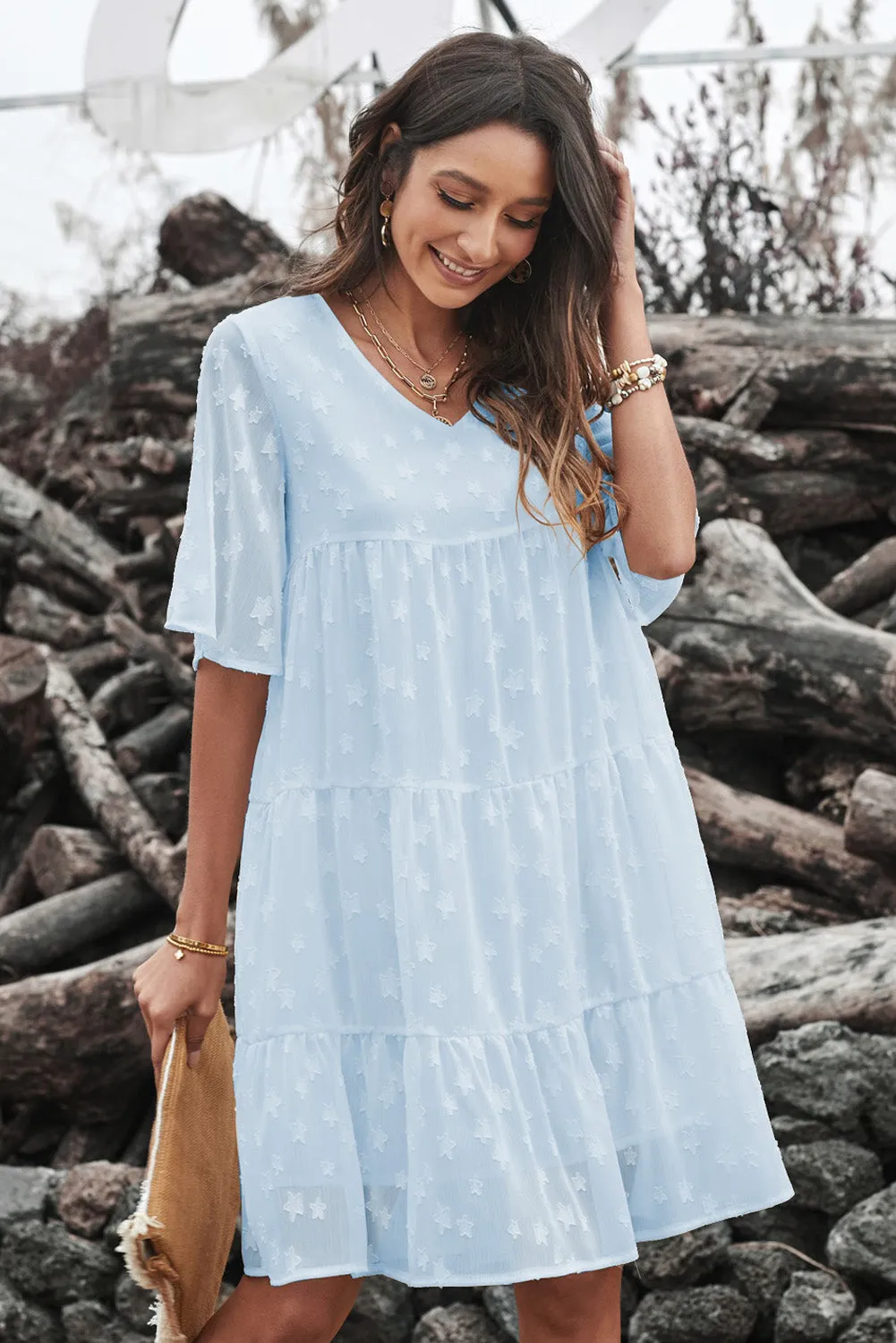 Swiss Dot Short Sleeve Tiered Ruffle Mini Dress