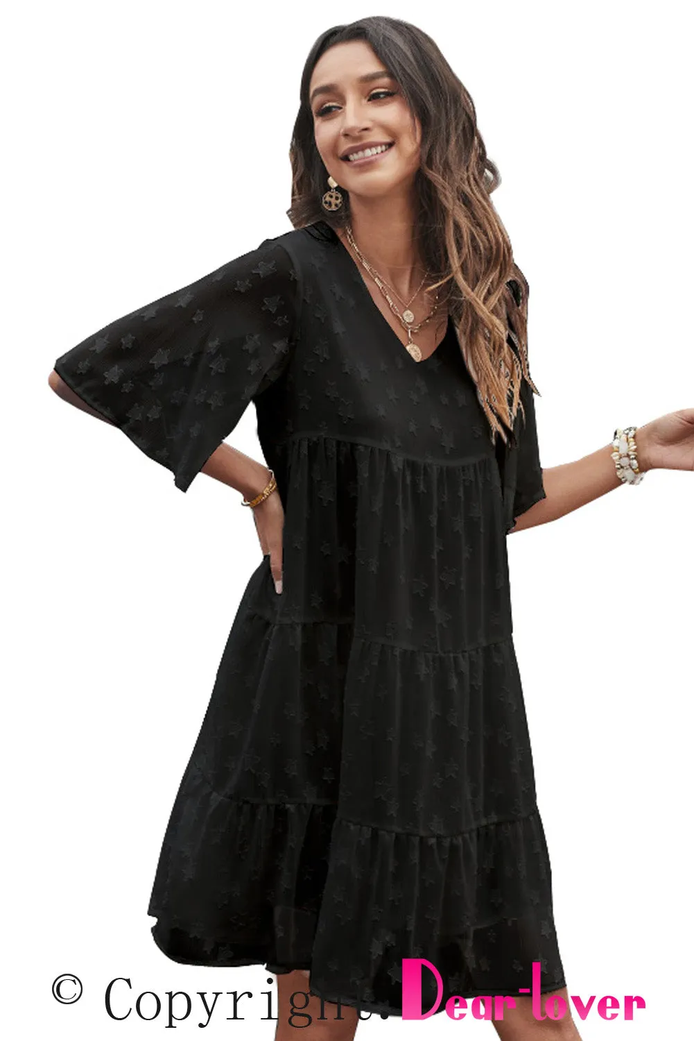 Swiss Dot Short Sleeve Tiered Ruffle Mini Dress