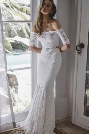 Two Piece Mermaid Off-the-Shoulder Lace Wedding Dress with Sleeves PFW0426