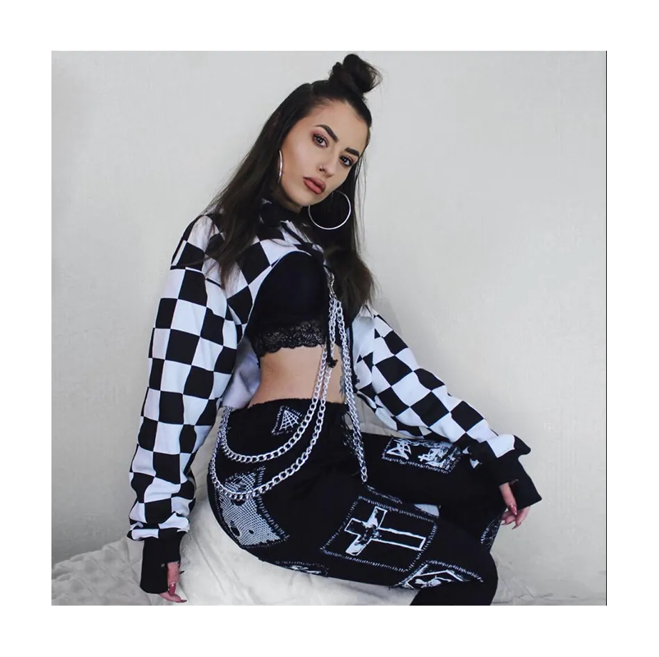 Women Plaid Casual Streetwear Sweatshirt Hoodie Crop Top Jumper Pullover Chain Stitching Short Loose Sweatshirt Plaid Shirt