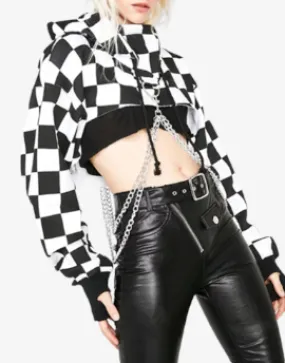 Women Plaid Casual Streetwear Sweatshirt Hoodie Crop Top Jumper Pullover Chain Stitching Short Loose Sweatshirt Plaid Shirt