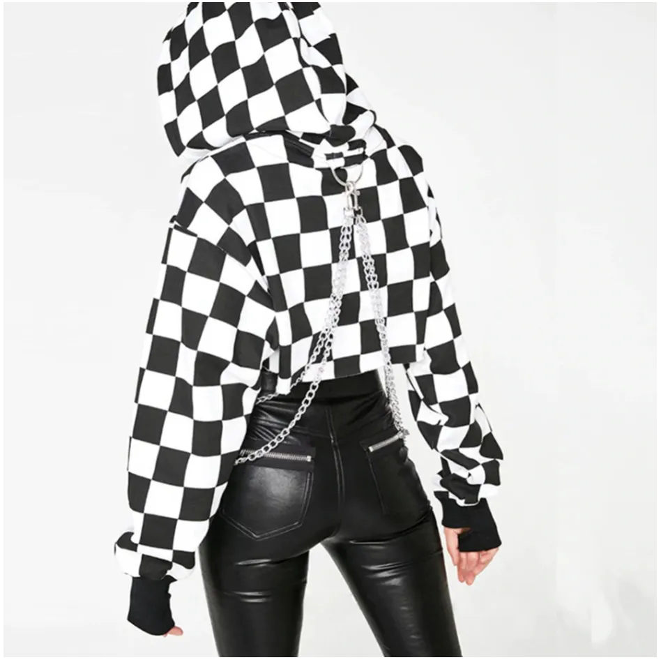 Women Plaid Casual Streetwear Sweatshirt Hoodie Crop Top Jumper Pullover Chain Stitching Short Loose Sweatshirt Plaid Shirt