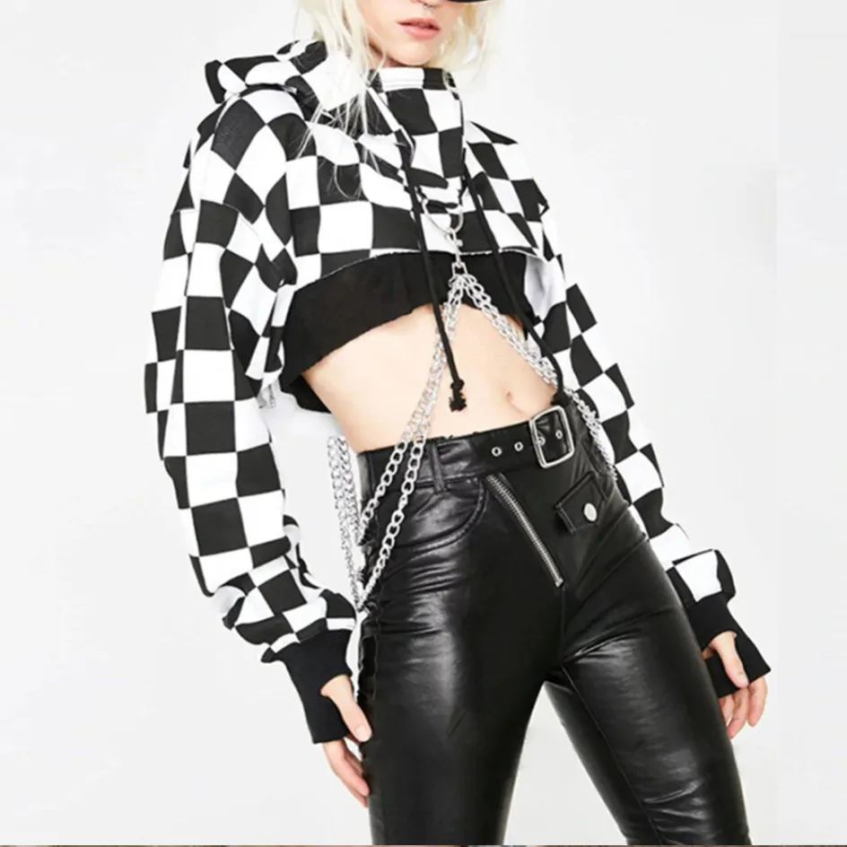 Women Plaid Casual Streetwear Sweatshirt Hoodie Crop Top Jumper Pullover Chain Stitching Short Loose Sweatshirt Plaid Shirt