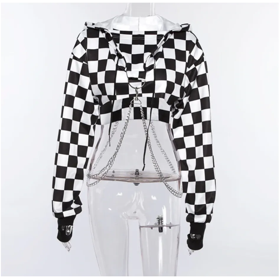Women Plaid Casual Streetwear Sweatshirt Hoodie Crop Top Jumper Pullover Chain Stitching Short Loose Sweatshirt Plaid Shirt