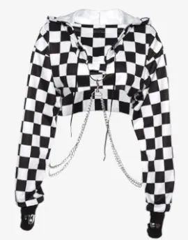 Women Plaid Casual Streetwear Sweatshirt Hoodie Crop Top Jumper Pullover Chain Stitching Short Loose Sweatshirt Plaid Shirt