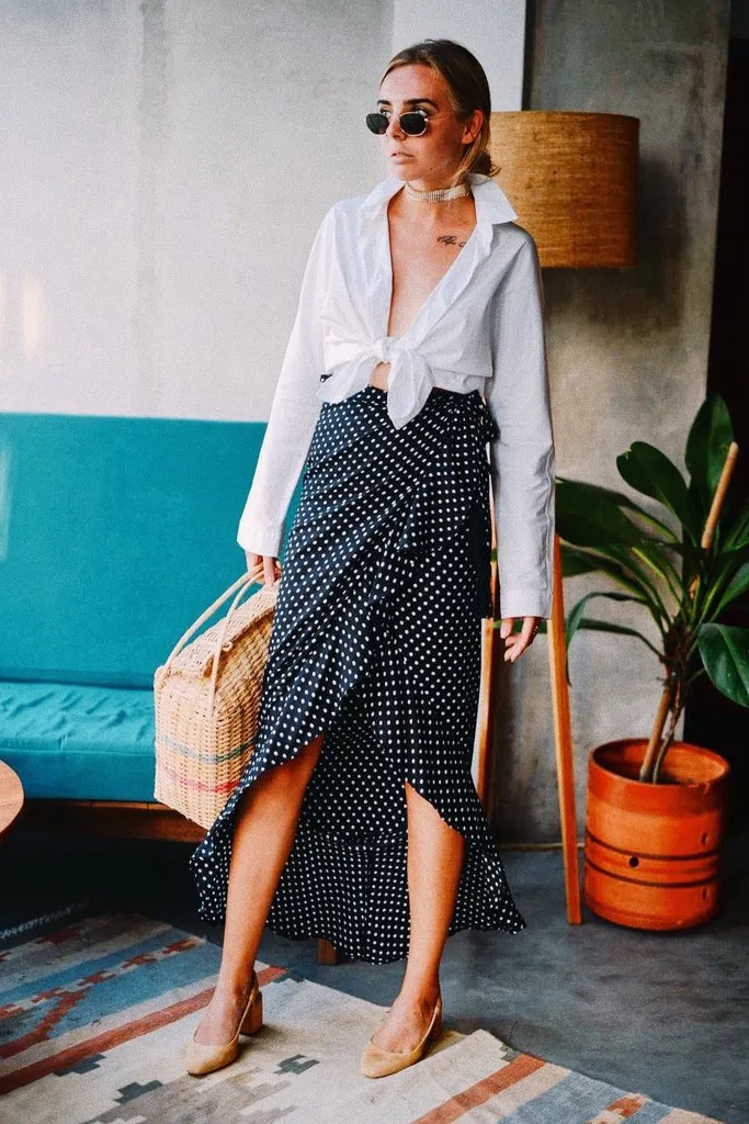 ZOE MAXI WRAP SKIRT - BLACK POLKADOT